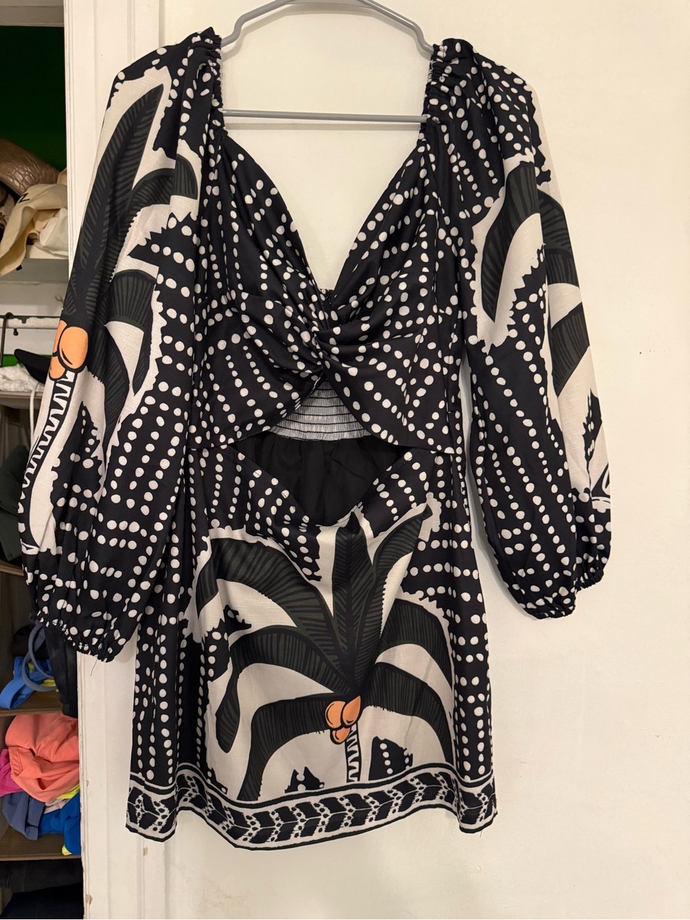 Wiholl Black Green and White Polka Dot Tropical Print Dress